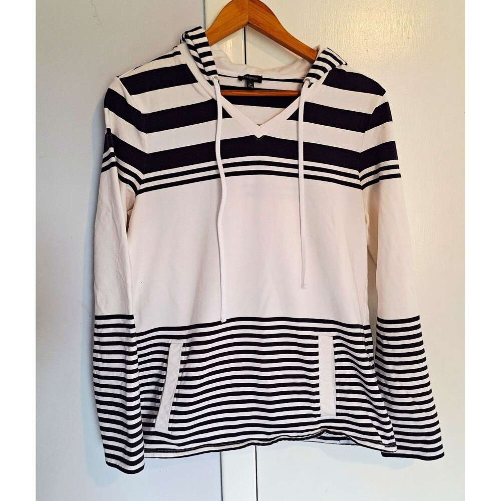 Talbots Womens White Black Striped Pullover Hoodie Pocket V-Neck Size M